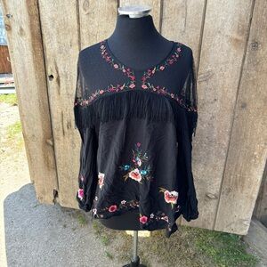 Wrangler Women Embroidered Peasant Top Shirt Floral Tassels Mesh Rodeo Large